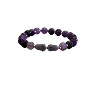 Purple Rutilated Quartz Stretch Beaded Bracelet with Purple Czech Glass Tulips